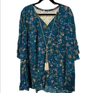 Umgee Blue Floral Bohemian Tunic Top with Lace Back Oversized Size Medium